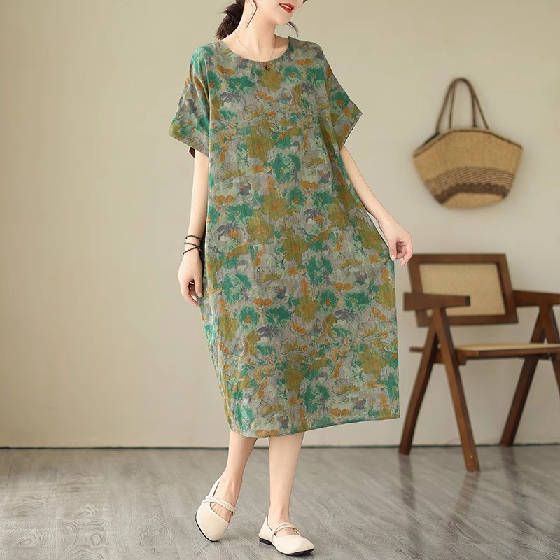 レディース綿麻ワンピース プリント 半袖 ミディ丈