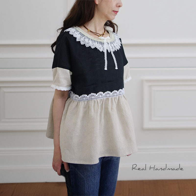 [予約販売] チュール襟とトーションレースのブラック×ナチュラルリネン・ドロップギャザープルオーバー 10,781円