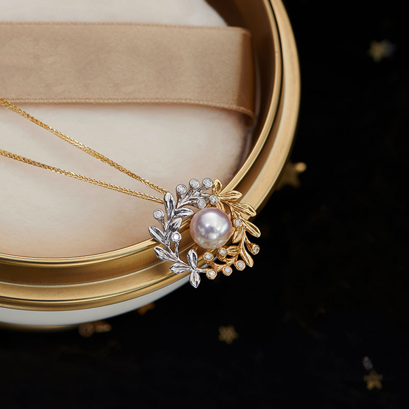 [ヘイズジュエリー] モネガーデンシリーズ 18Kゴールド ツーカラー ラウンドデザイン 日本製 オーロラアコヤ海水真珠 8-8