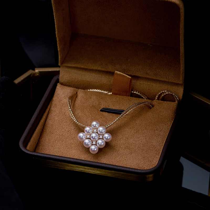 【ヘイズジュエリー】ダイヤモンド型シャネル風シリーズ18Kゴールドマルチビーズ象嵌日本製オーロラアコヤ真珠4.5-5mmダイヤモ