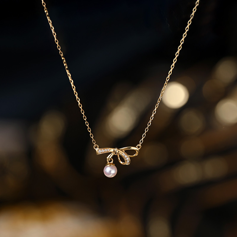 [ヘイズジュエリー] リンロンシリーズ 18Kゴールド ミニボウ 日本製アコヤ真珠 4-4.5mm ダイヤモンドネックレス 低刺