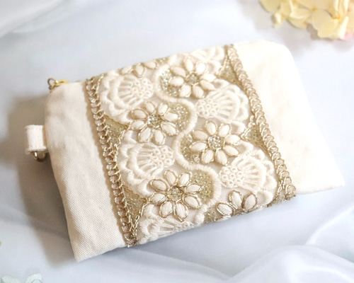 インド刺繍リボン　フラットポーチ　専用ページ インド／刺繍リボン】＊仕切り付きフラットポーチ＊ ファスナー