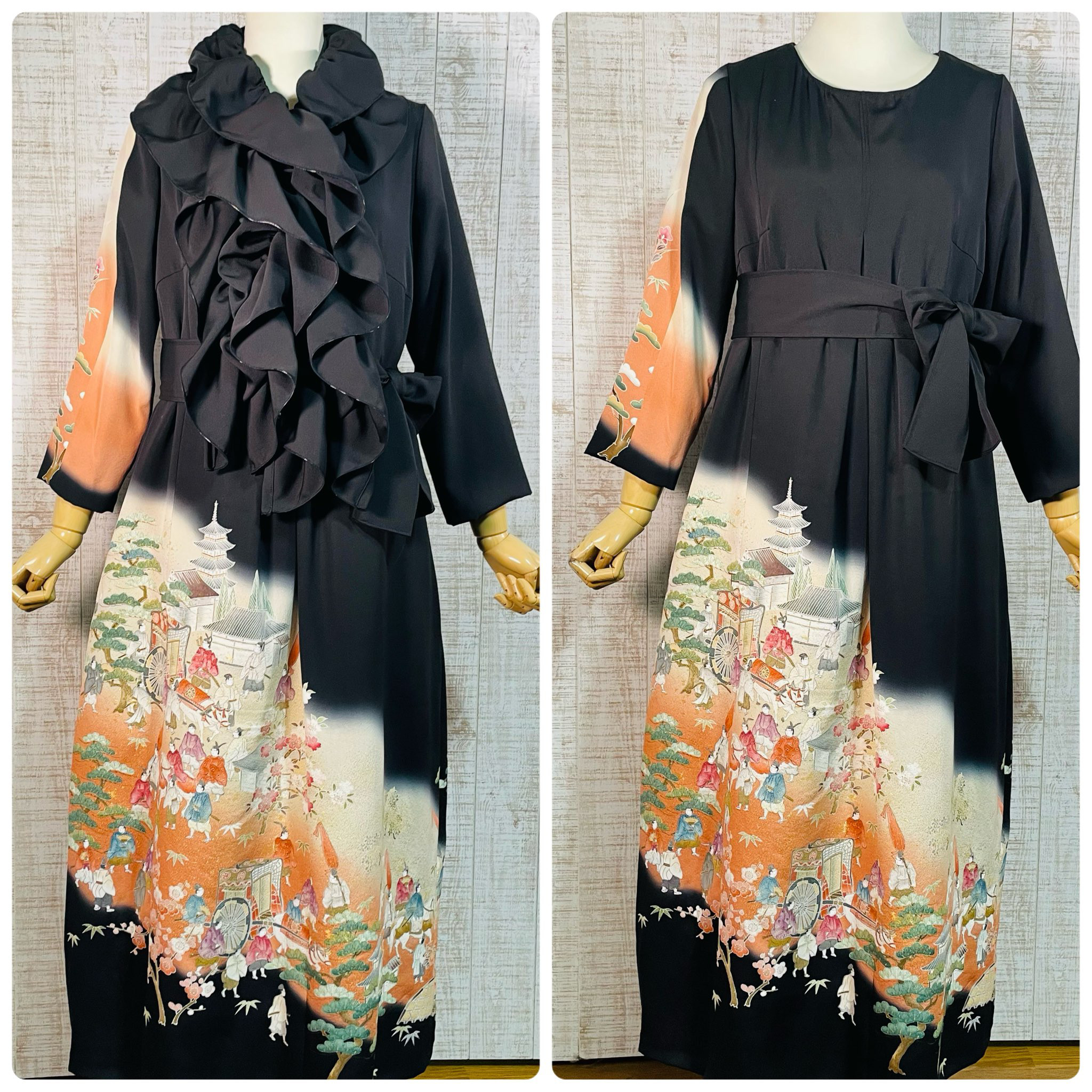 作家物寿光織＊手描き時代人物模様正絹黒留袖裏地付きワンピースＭ～Ｌ＆ギャザーストール