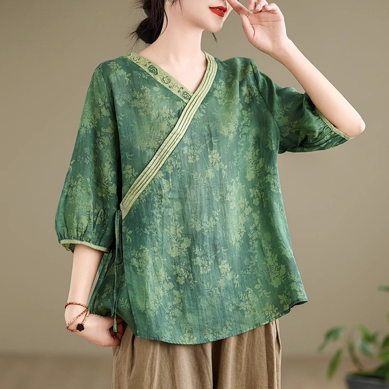 レディースリネンセットアップ Vネック 刺繍シャツ バルーンパンツ 2点セット