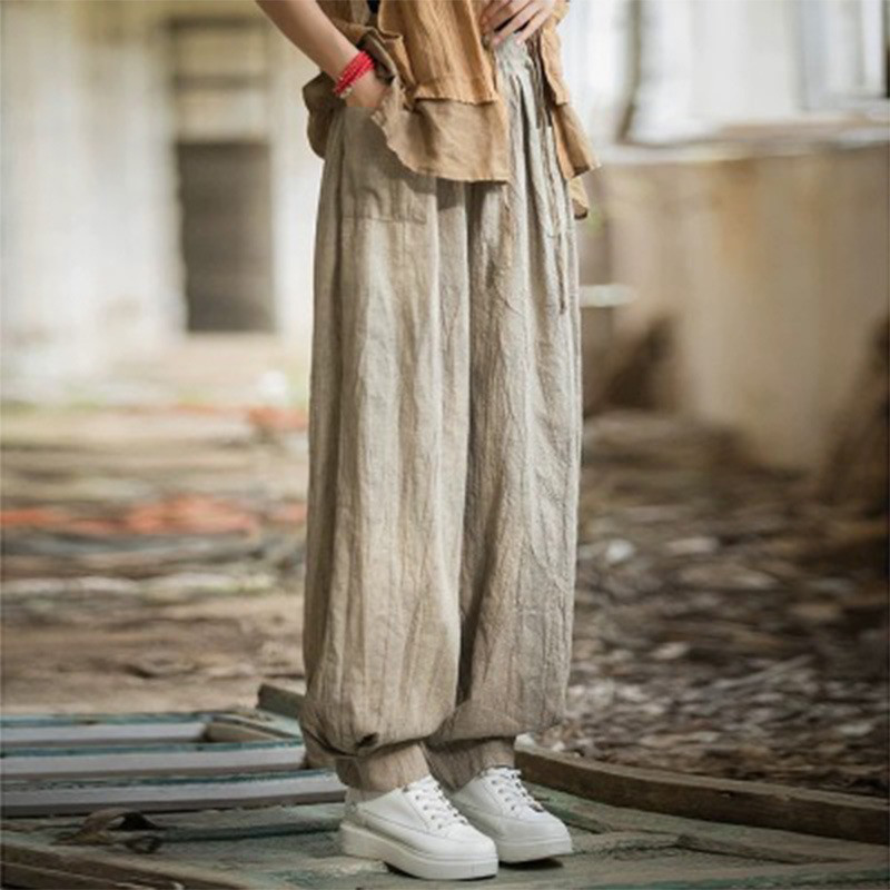 レディース綿麻バルーンパンツ タイダイ加工 ウエストゴム ハイウエスト リネン カジュアル