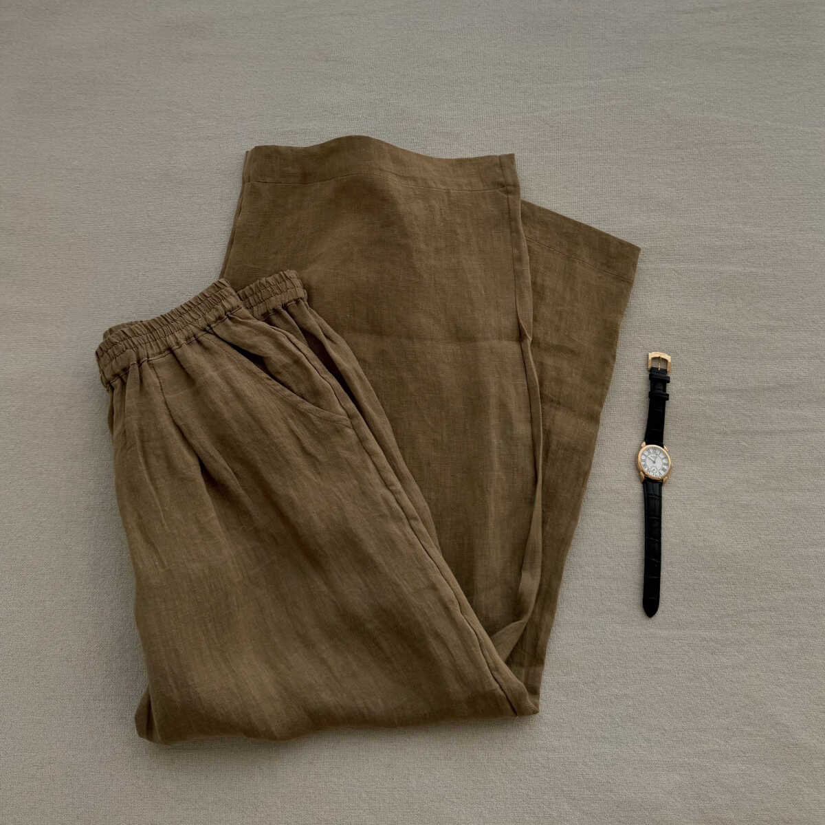 レディースリネンワイドパンツ ドレープ感 ウエストゴム 綿麻 八九分丈 ストレート