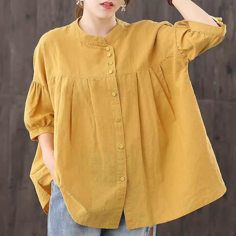 レディース綿麻Tシャツ 無地 七分袖 リネン パフスリーブトップス