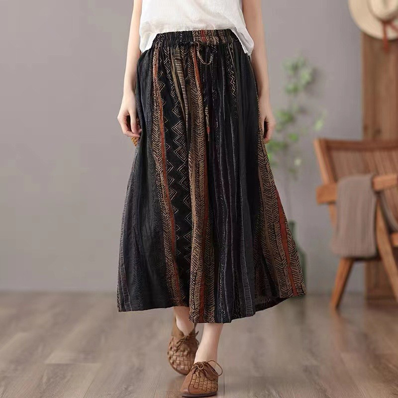 レディースラミースカート プリント 綿麻 Aライン リネン ロング丈