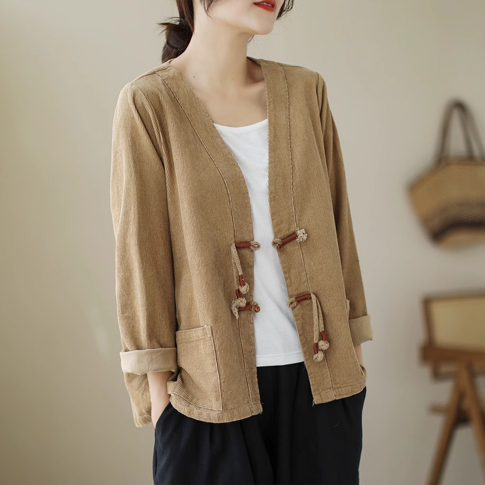 レディースコーデュロイジャケット ショート丈 チャイナボタン 綿麻 長袖トップス