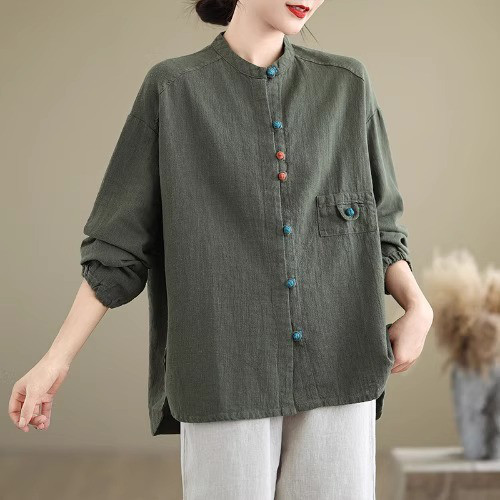 レディースリネンシャツジャケット チャイナボタン 綿麻 長袖アウター