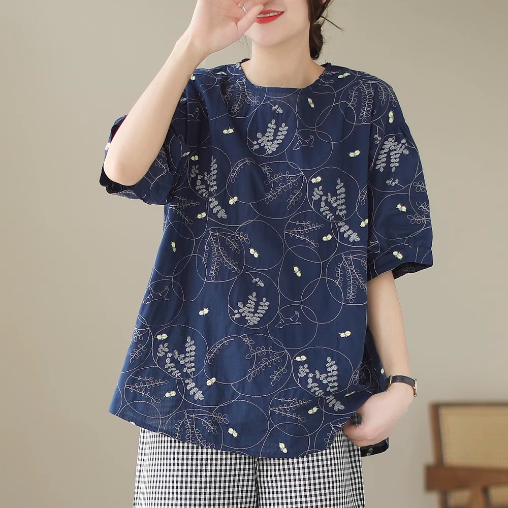 レディースラミーTシャツ 刺繍 綿麻 半袖 ゆったりトップス