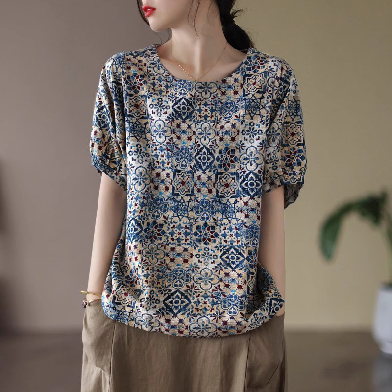 レディースラミーTシャツ プリント 薄手 綿麻 半袖 ゆったりトップス