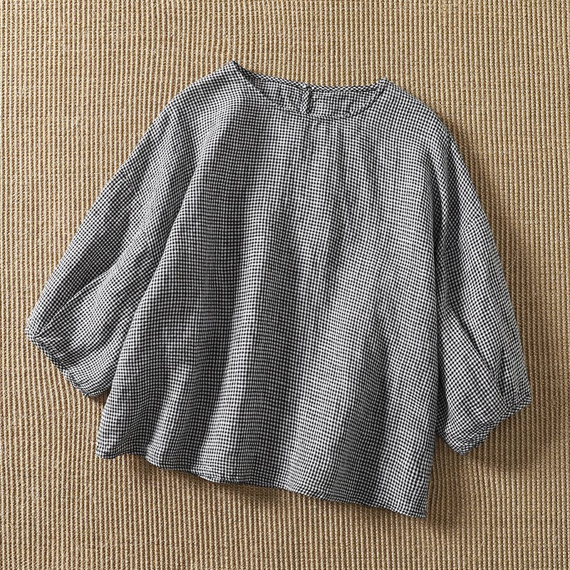 レディースリネンTシャツ チェック柄 クルーネック プルオーバー 七分袖 綿麻トップス