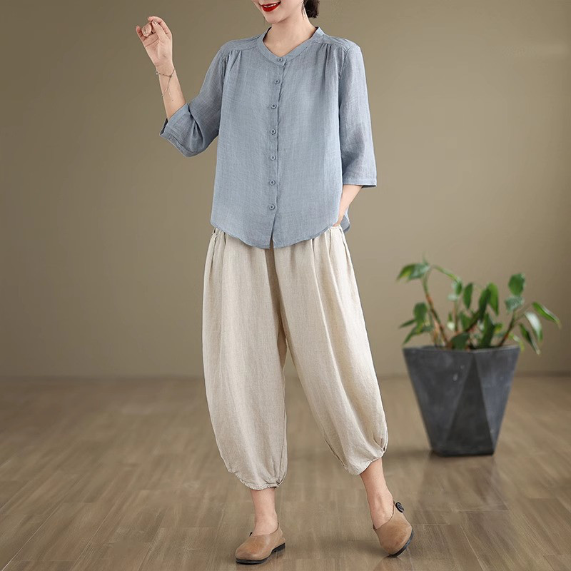 レディースリネンセットアップ 七分袖シャツ＋サルエルパンツ 綿麻 2点セット