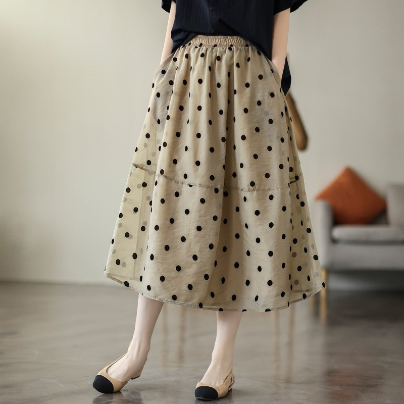 レディースラミースカート Aライン フレア ドット柄 綿麻