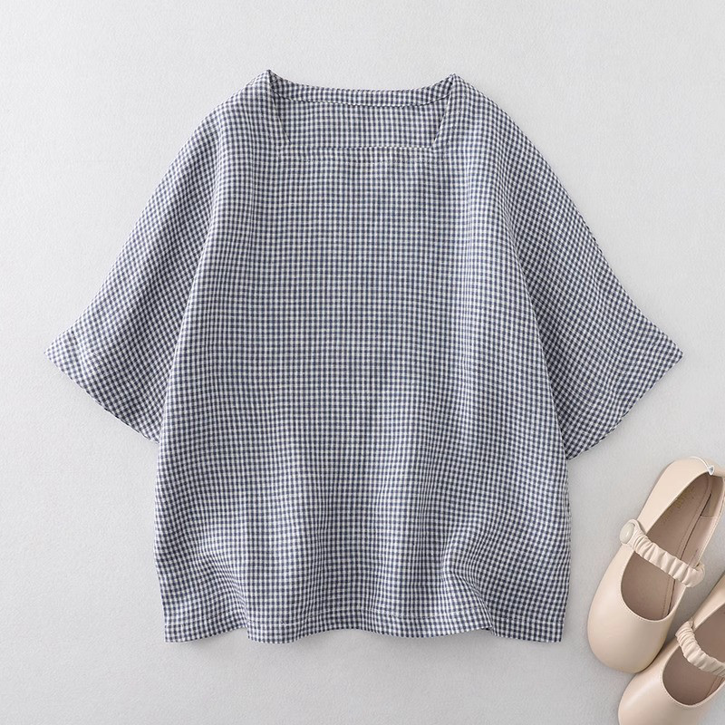 レディースリネンTシャツ 細かいチェック柄 半袖 スクエアネック 綿麻 プルオーバー