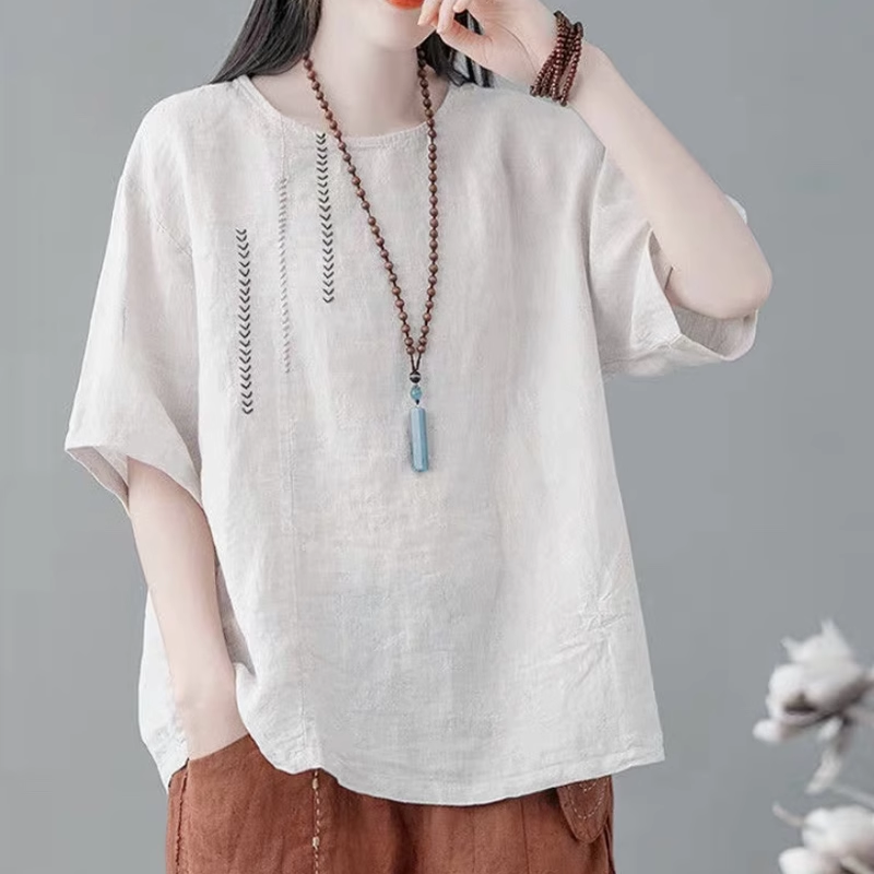 レディースリネンTシャツ 刺繍入り 半袖 綿麻 プルオーバー