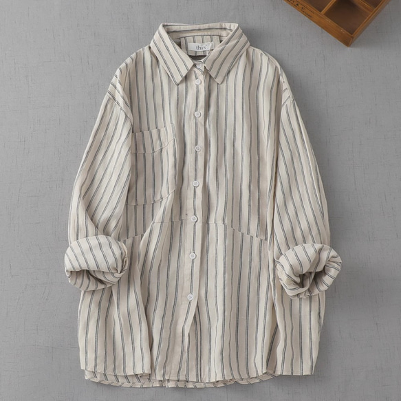 美品 ベルルッティ リネン 長袖 シャツ ストライプ イタリア製 ホワイト レディースリネンシャツ ストライプ 長袖 テーラードカラー 綿麻