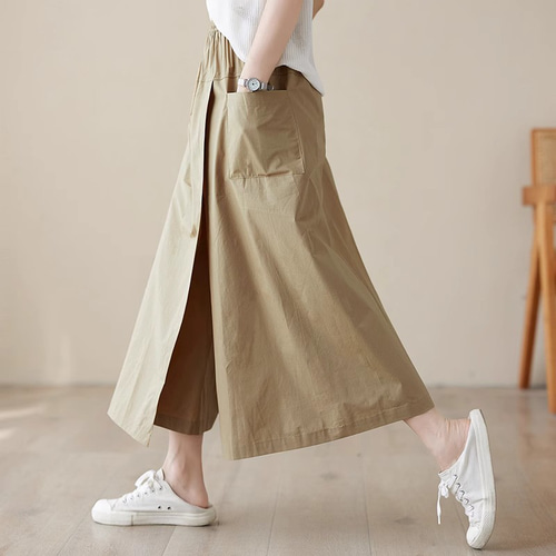 wafu 高密度リネン赤 キュロット ゴムウエスト レディースリネン