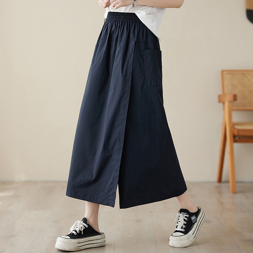 レディースリネンキュロットパンツ ウエストゴム ドローストリング 九