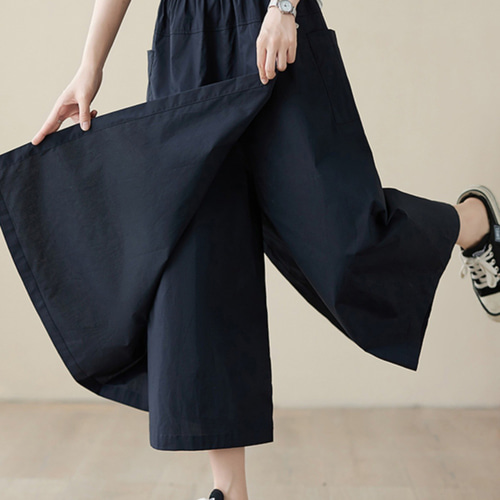 レディースリネンキュロットパンツ ウエストゴム ドローストリング 九