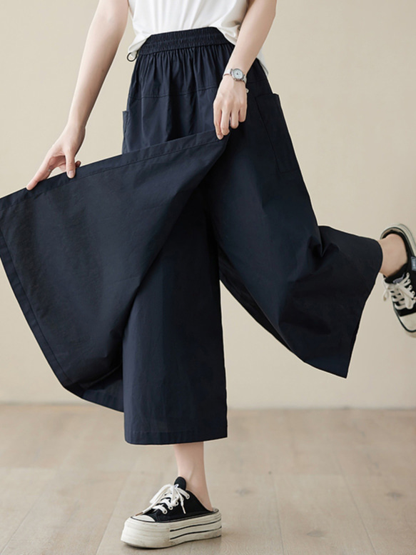 レディースリネンキュロットパンツ ウエストゴム ドローストリング 九