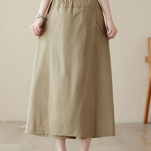 レディースリネンキュロットパンツ ウエストゴム ドローストリング 九