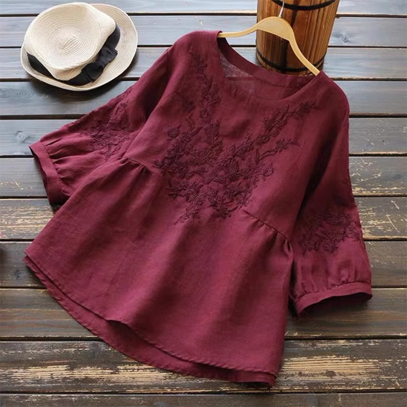 レディースラミーシャツ 刺繍入り 綿麻 半袖トップス