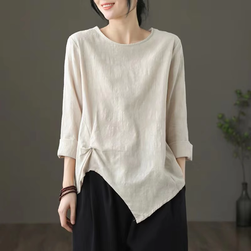 レディースリネンTシャツ アシンメトリー ギャザー入り 長袖 綿麻 インナー