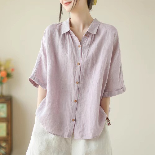レディースリネンシャツ 無地 半袖 テーラードカラー 綿麻 カジュアル 5,144円