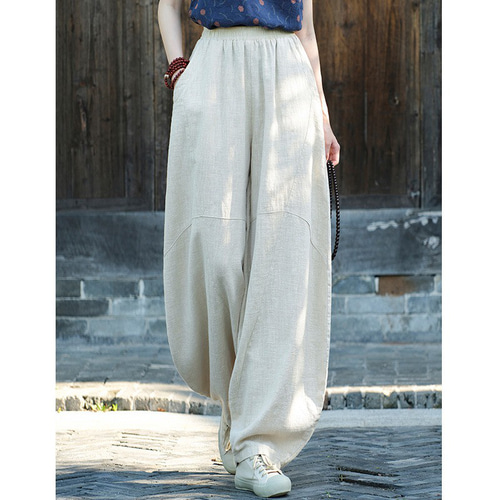 レディースリネンバルーンパンツ ドレープ感 ハイウエスト ワイド 綿麻