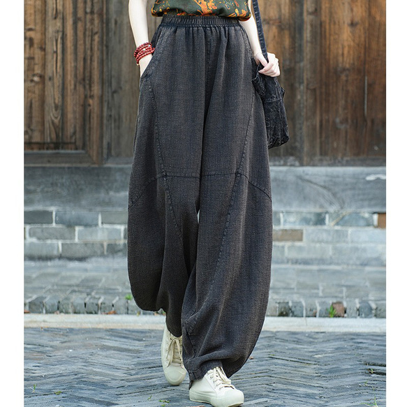 レディースリネンバルーンパンツ ドレープ感 ハイウエスト ワイド 綿麻