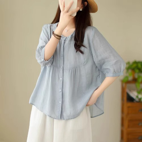 レディースリネンシャツ 無地 半袖 綿麻 ベビーシャツトップス
