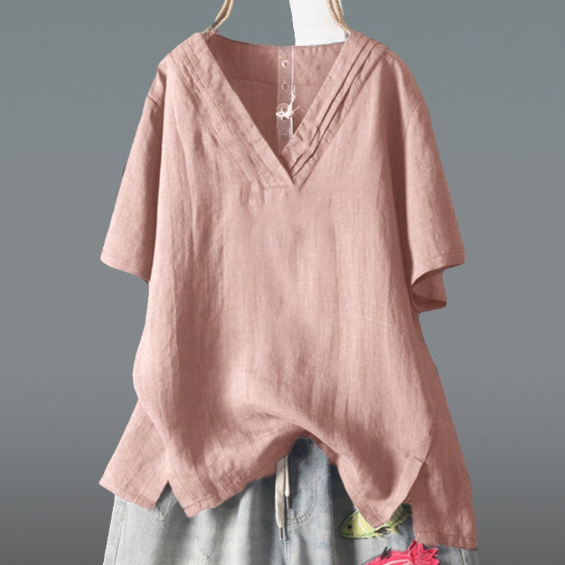 レディースリネンTシャツ アシンメトリー Vネック 薄手 綿麻 半袖トップス