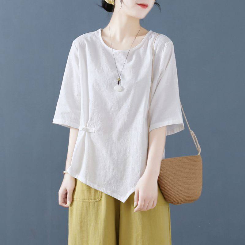 レディースリネンTシャツ チャイナボタン ジャカード 無地 アシンメトリー 綿麻 半袖