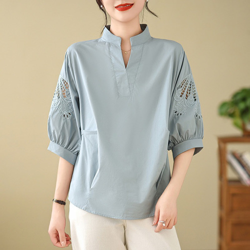 レディースリネンシャツ レース刺繍 スタンドカラー 半袖 綿麻ブラウス