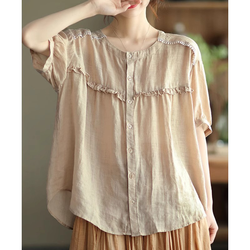 レディースラミーシャツ ベビーシャツ 綿麻 半袖トップス