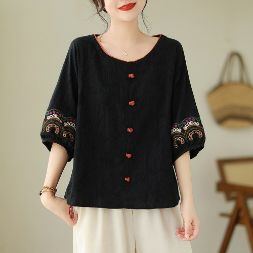 レディースリネンシャツ チャイナボタン 刺繍 ジャカード プルオーバー 綿麻 半袖ブラウス