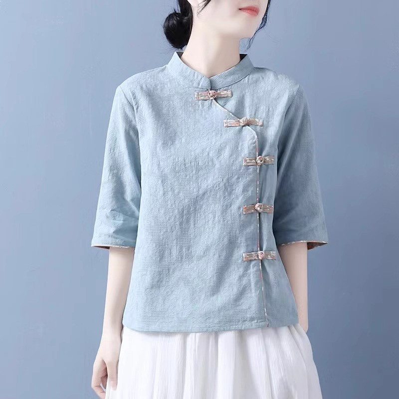 レディースリネンシャツ チャイナボタン 斜め合わせ スタンドカラー 薄手 綿麻 半袖トップス