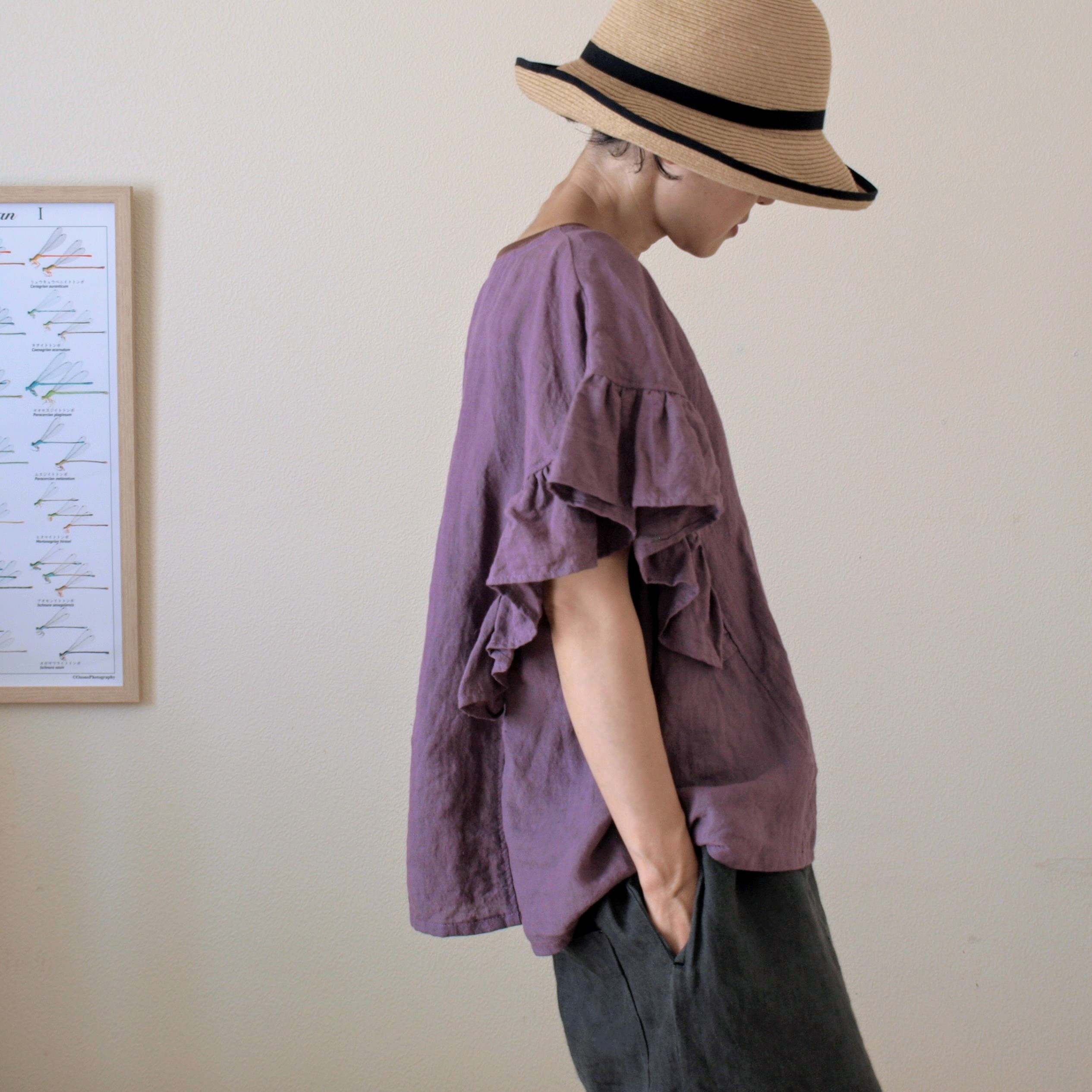 天日リネン　フリルスリーブ　ブラウス　フリーサイズ