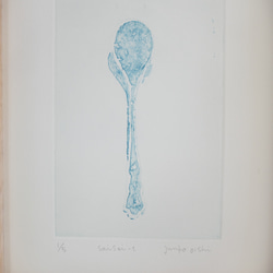 スプーンの絵・ターコイズ・水色の銅版画「sa i se i  t 」壁掛け・卓上木製額入・淡色アクセサリー/送料無料 6枚目の画像