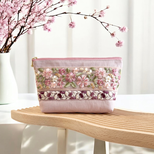 ★たっこ♡★ ハンドメイドポーチ ティッシュポケット付 和柄 桜 A480 桜/インド刺繍◇外ポケット付きマチ付きポーチ/マルチポーチ【L
