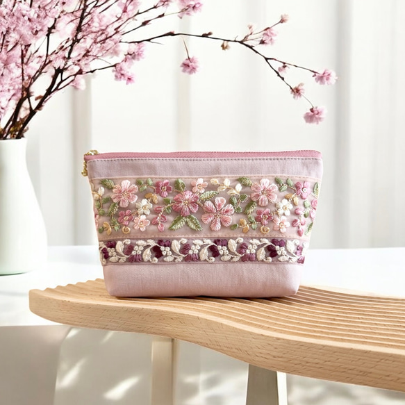 【新サイズ】桜/インド刺繍◆外ポケット付きマチ付きポーチ/マルチポーチ【L】 8枚目の画像