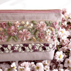 【新サイズ】桜/インド刺繍◆外ポケット付きマチ付きポーチ/マルチポーチ【L】 4枚目の画像