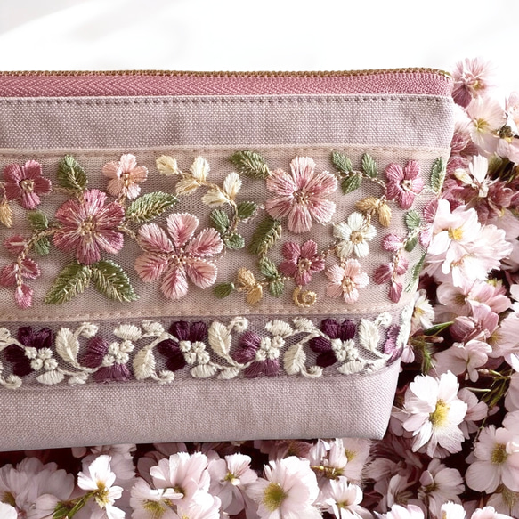 【新サイズ】桜/インド刺繍◆外ポケット付きマチ付きポーチ/マルチポーチ【L】 4枚目の画像