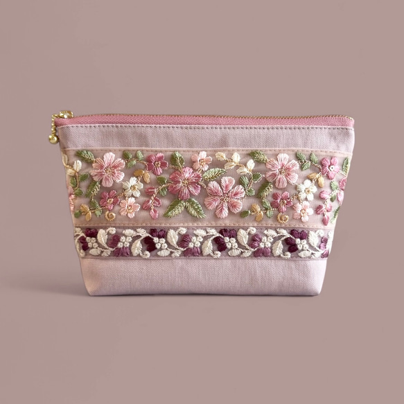 【新サイズ】桜/インド刺繍◆外ポケット付きマチ付きポーチ/マルチポーチ【L】 9枚目の画像