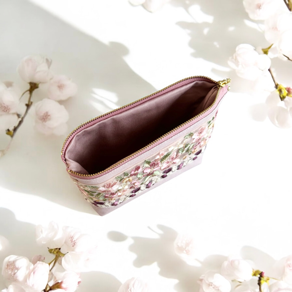 【新サイズ】桜/インド刺繍◆外ポケット付きマチ付きポーチ/マルチポーチ【L】 6枚目の画像