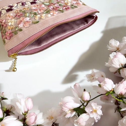 桜/インド刺繍◇外ポケット付きマチ付きポーチ/マルチポーチ【L