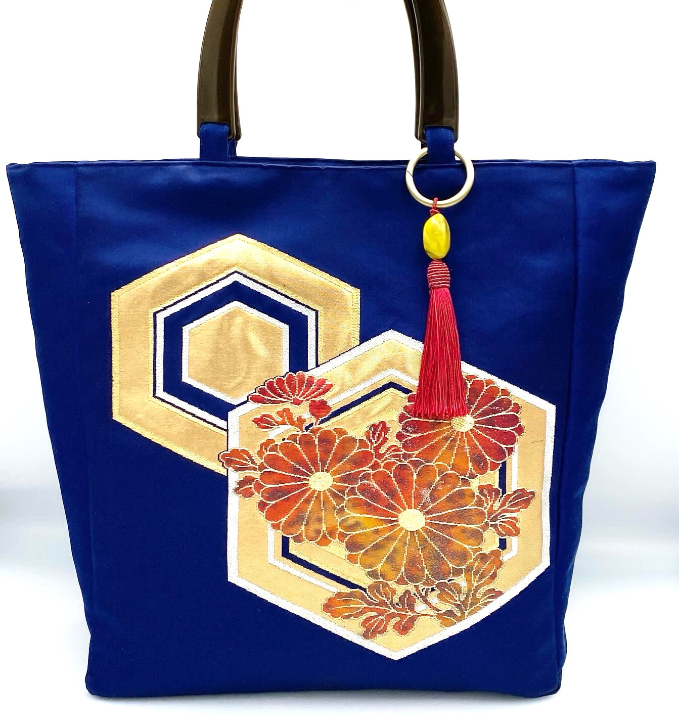 樹脂ハンドル　紺と金　帯リメイク　トートバッグ　A4 通勤　和装　浴衣