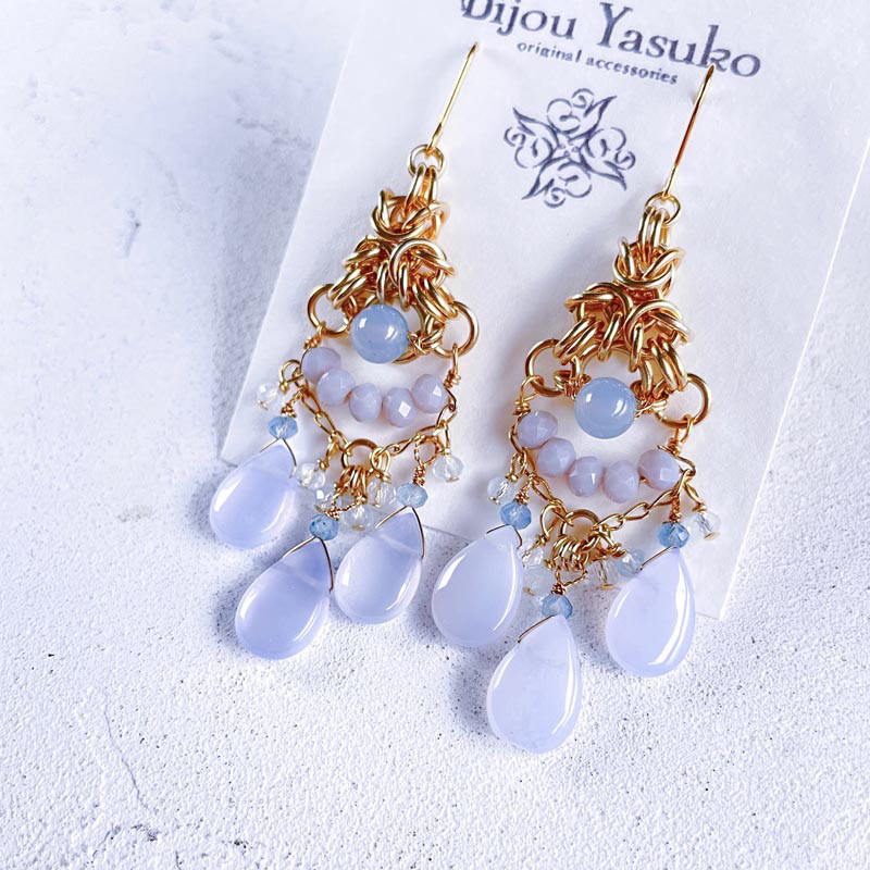 ブルー カルセドニー ピアス・イヤリング 青 天然石 ピアス 揺れる イヤリング 大ぶり ピアス ゴールド 14KGF